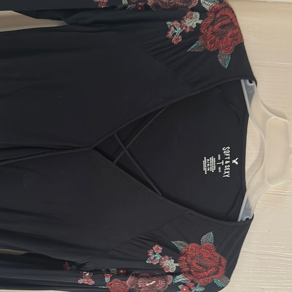 American Eagle Outfitters Black Wrap Blouse 3/4 Sleeve - Picture 9 of 15